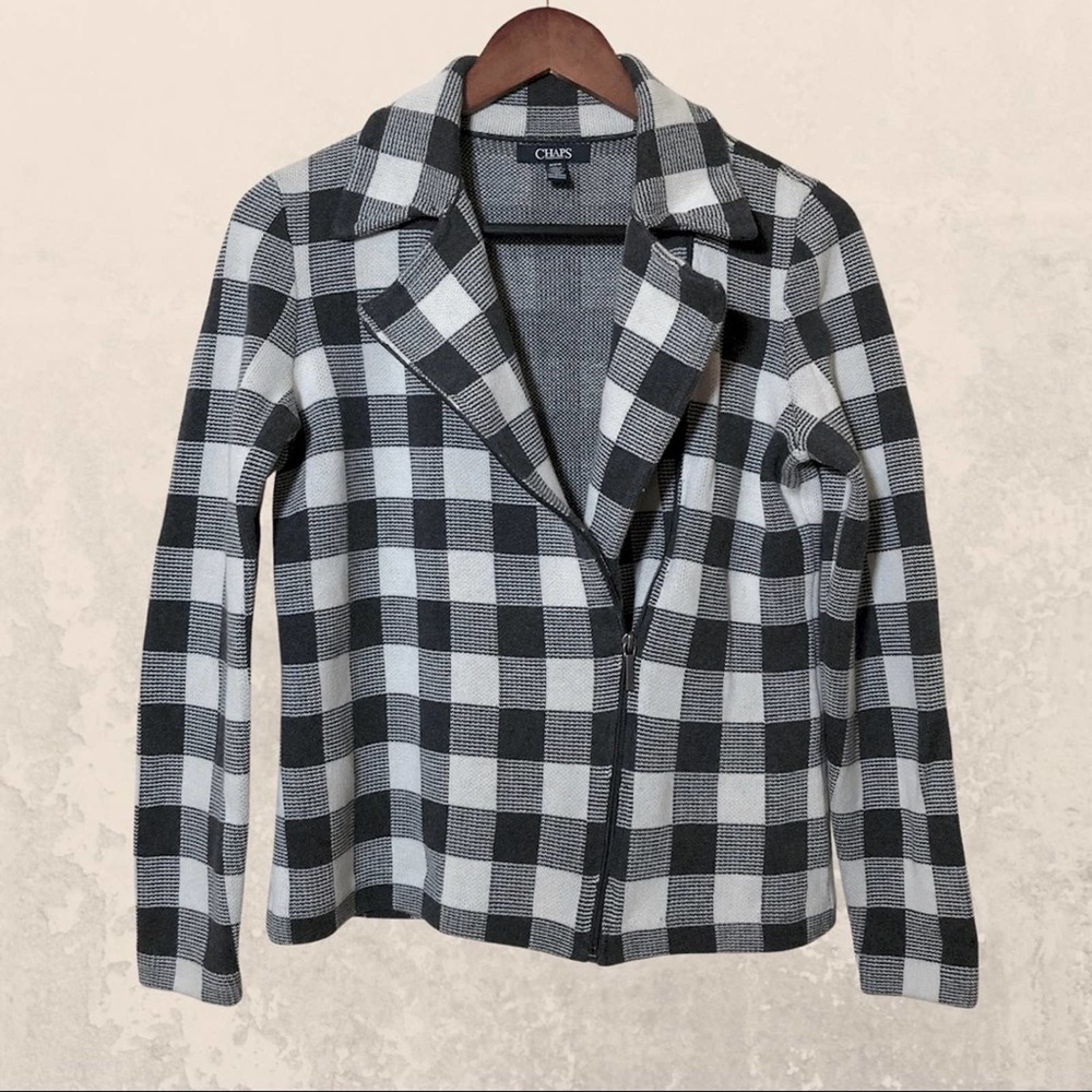 Chaps dark gray and cream buffalo plaid zip up sweater jacket size medium
